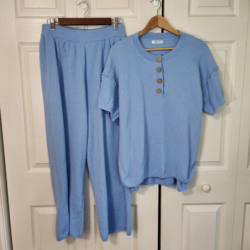 Ekouaer Womens Light Blue Knit Sweater Set Henley Short Sleeve Top Pants Large